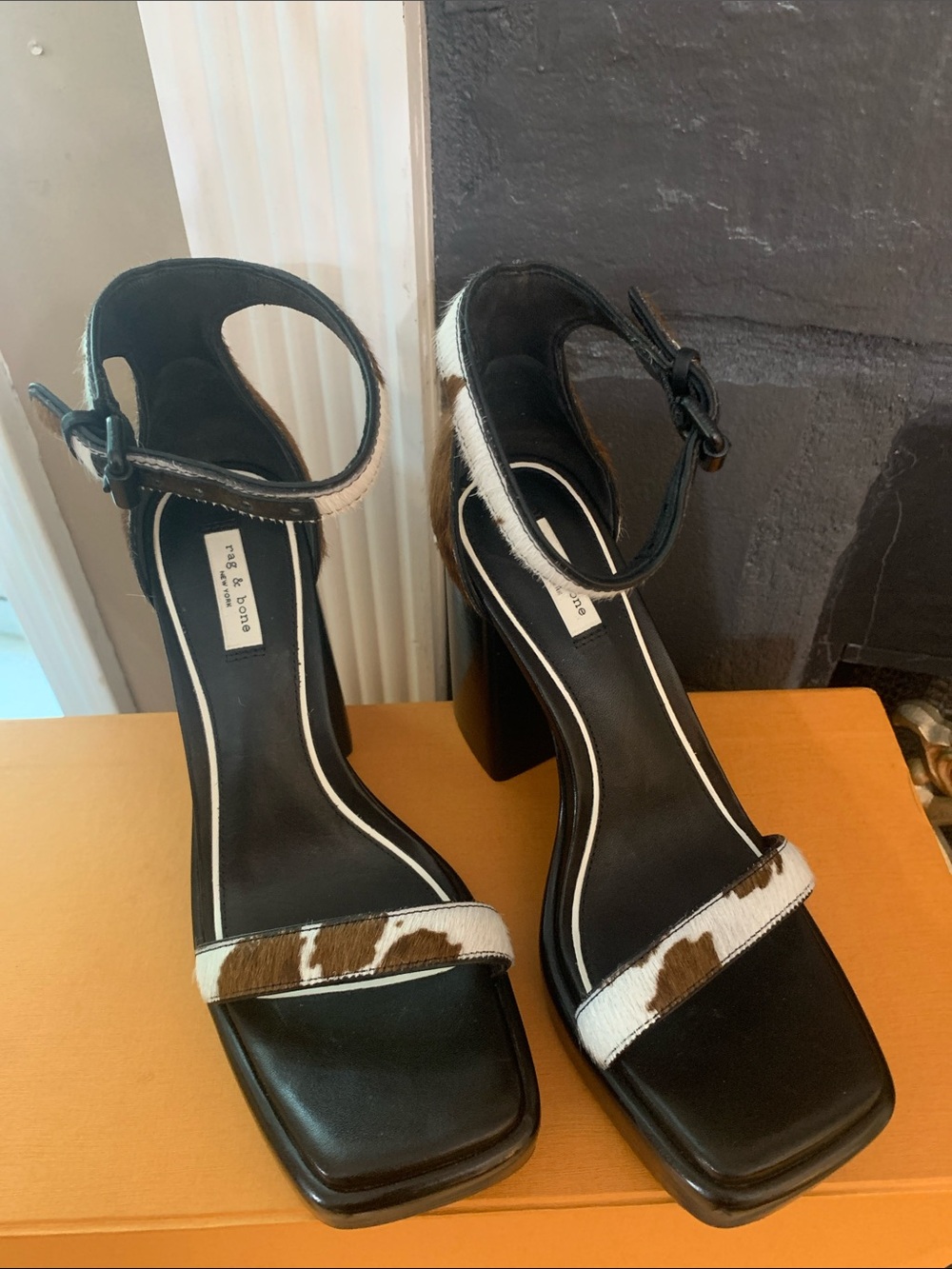 rag & bone matrix Black White and Brown Haircalf Block Heel Sandals